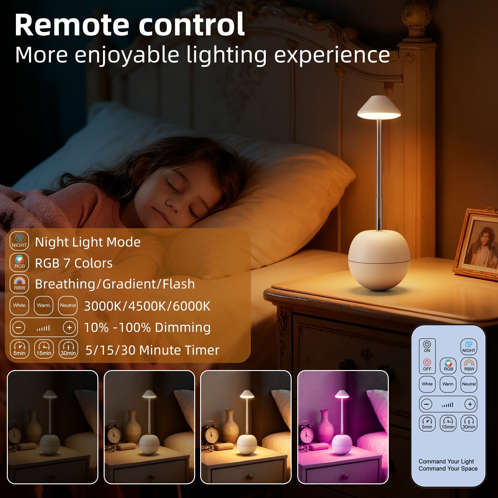 LED lumière de nuit rechargeable de table décorative lampe de bureau de chambre à coucher télécommande