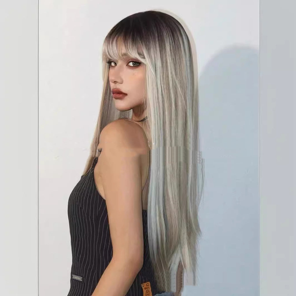 Tête teintes Bangs longs cheveux droits Perruques en fibre haute température