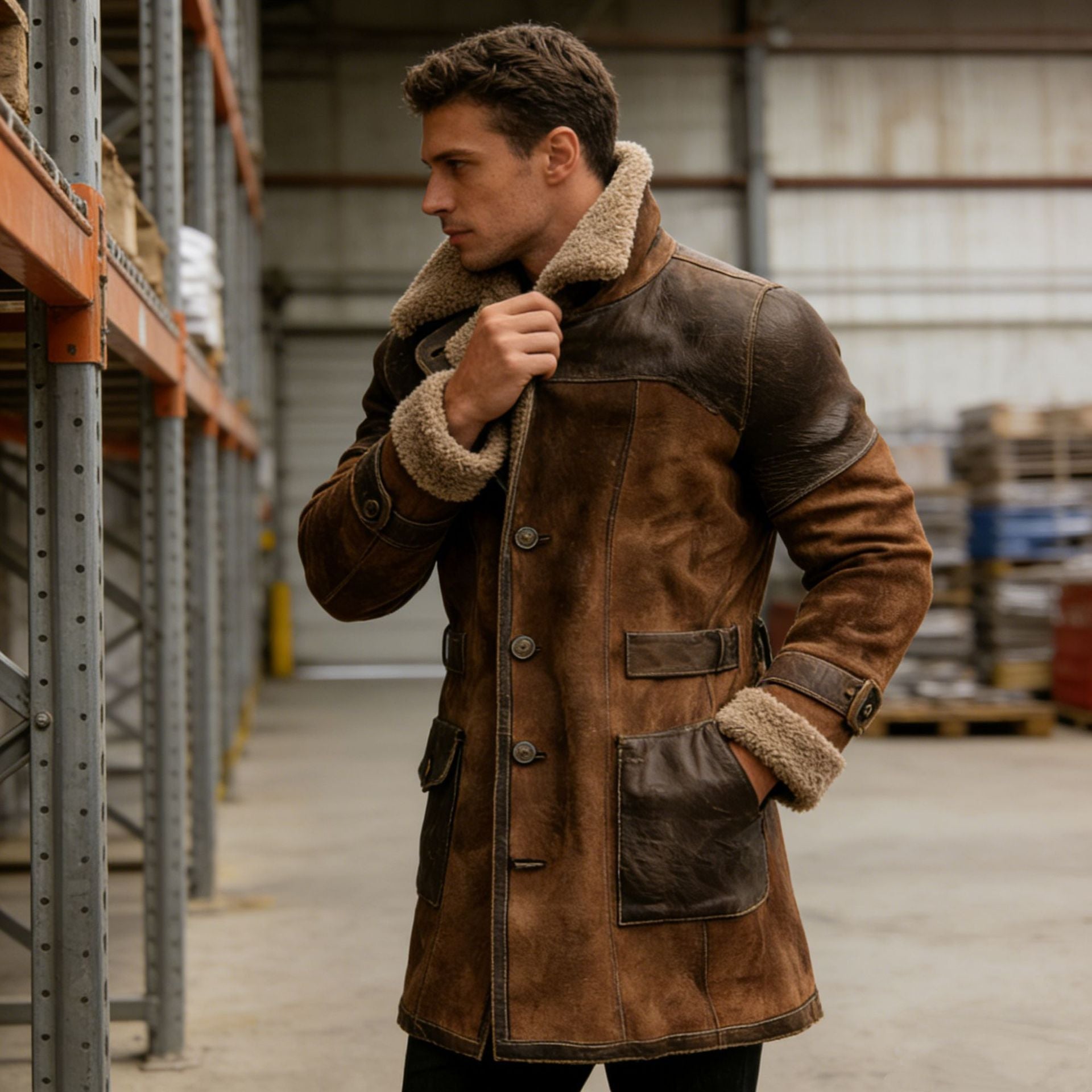Hommes Retro Patchwork Suede Coat