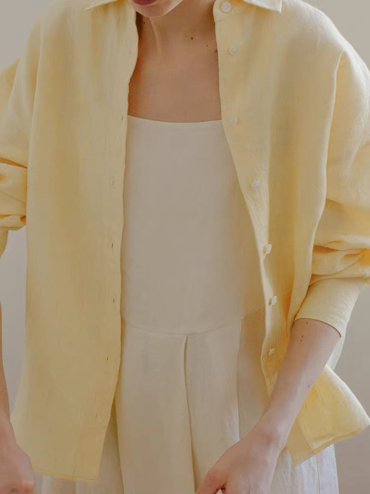 Veste de chemise haut de gamme en lin Jaune Cool-feel Top Old-Money Style Par Ma Zhi Yu