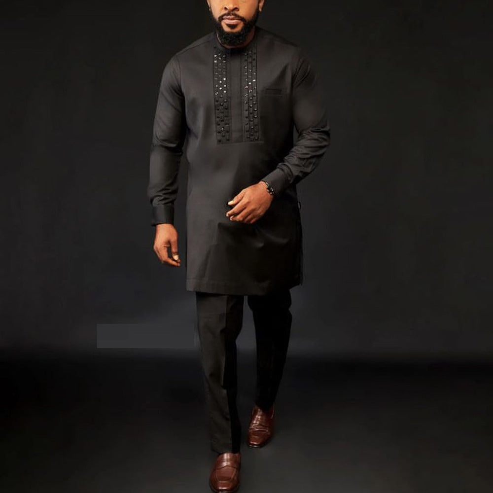 Chemise en Strass et Pantalons de couleur solide pour homme de style ethnique africain