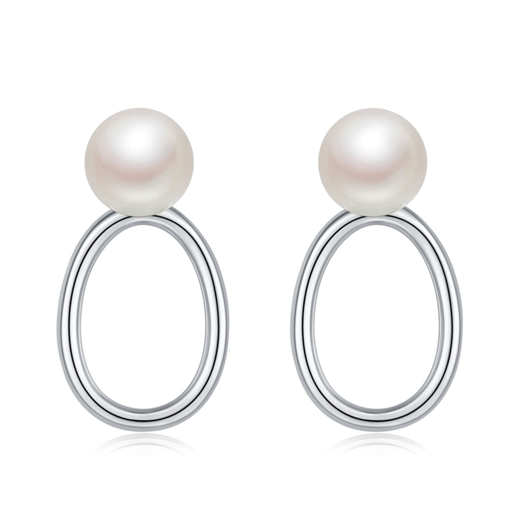 S925 Argent Sterling Boucles d'oreilles en perles d'eau douce naturelles Minimalist Hollow Oval Ring Design