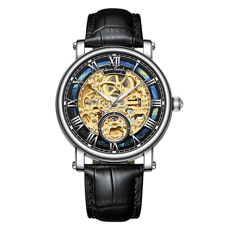 VAN GOGH Starry Night Series Cadran bleu Mouvement mécanique Skeleton Montre quotidienne étanche