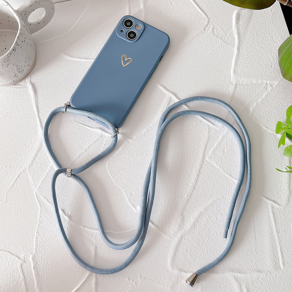 Étui téléphonique de lanyard de petit coeur doré