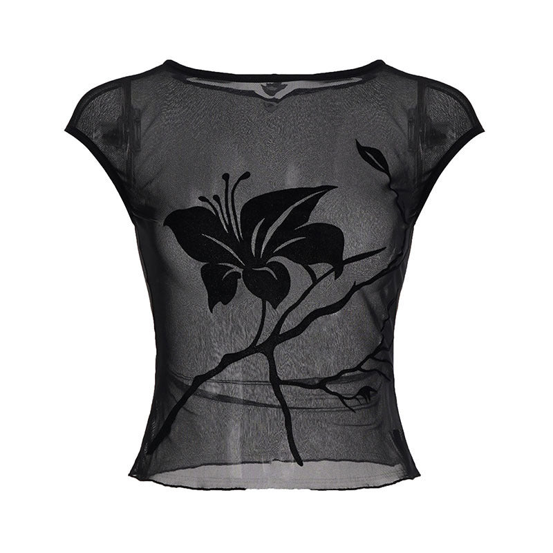 Short sleeve mesh top with coiled print