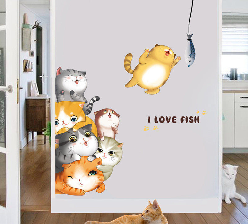 Stickers Armoire Cat Cartoon Stickers Décoration de chambre Créative Stickers Mur Litter Cat