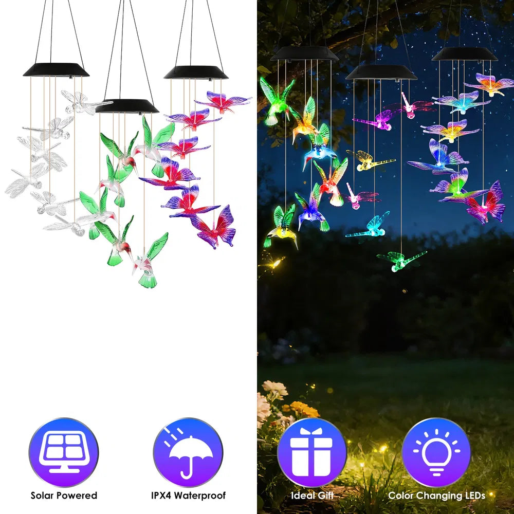 3Pack Solar Hummingbird papillon vent mouche dragon Chimes 7 couleur changer vent Chime pour Ou