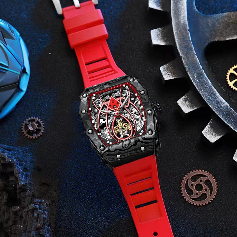 En forme de barillet Entièrement automatique mécanique Lumineux Sport Mode Hommes Montre Hollow-out