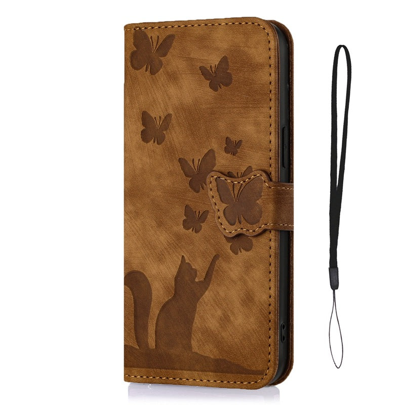 Leather butterfly cat embossed phone case