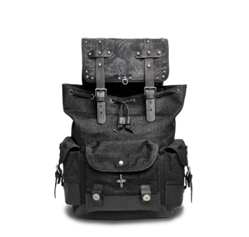 Sac à dos en denim brûlé au laser avec rivets en cuir véritable et fermoir de homard