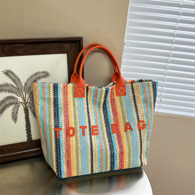 Eté Trendy Rainbow-tissé sac en paille pour les femmes
