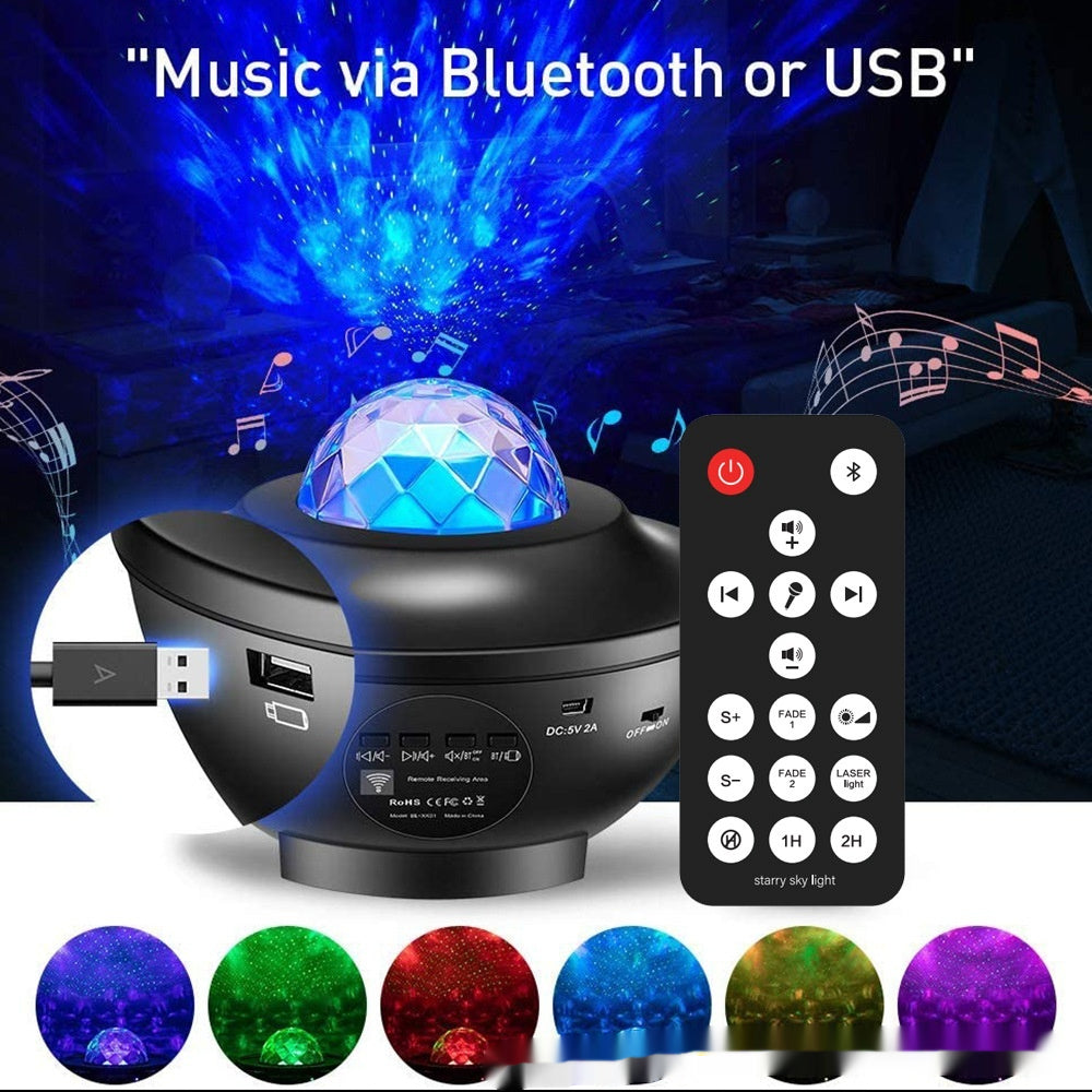 Petit Bol Starry Sky Projection Lampe USB Bluetooth Musique Rotation eau Ripple laser Atmo