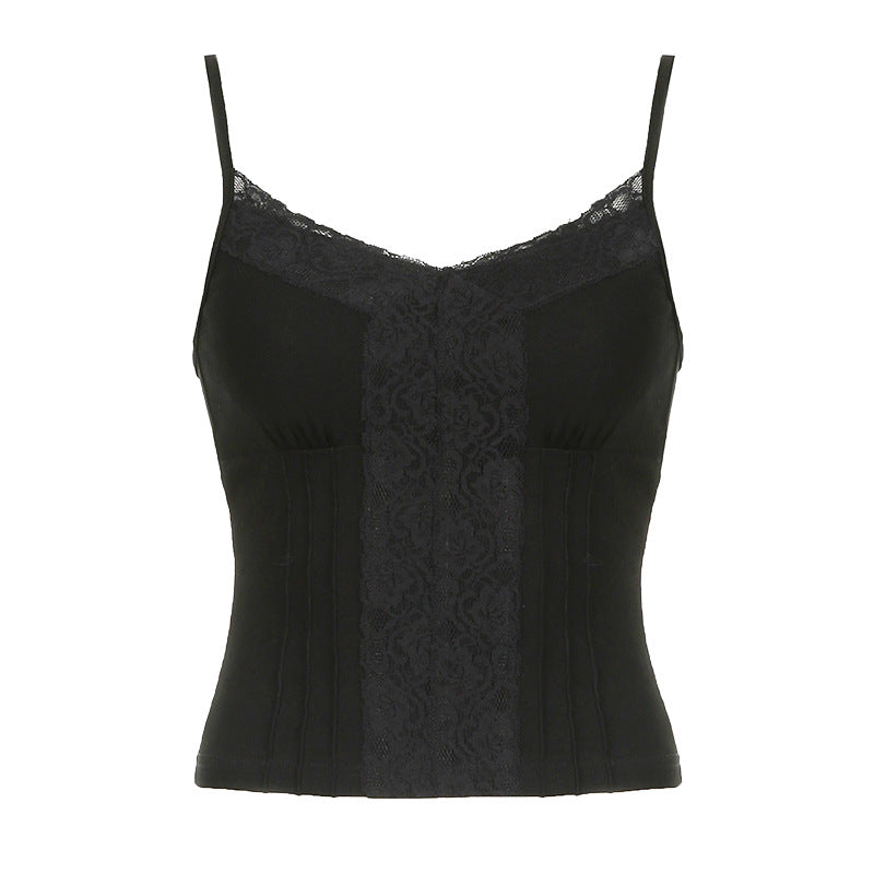 Top Halter en col V en dentelle mince de couleur solide avec une couture définie