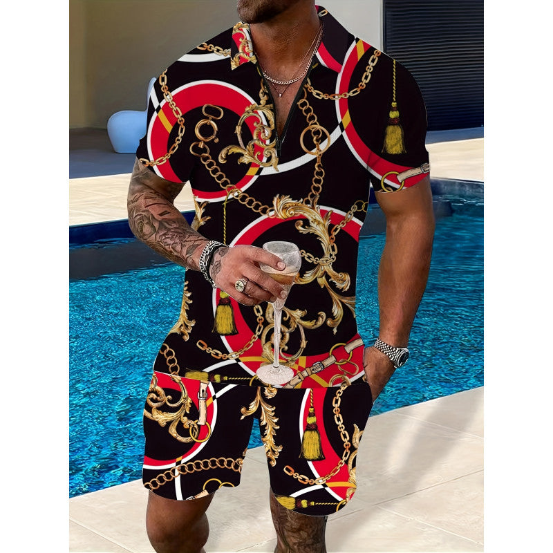 Deux-pièces Lapel Zipper Printed Leisure Sports