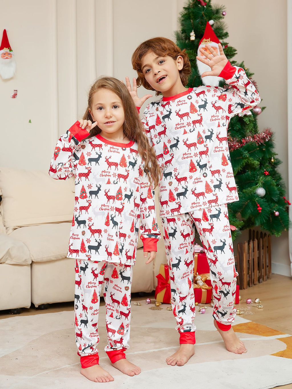 Cartoon Flower Deer Imprimer Pyjamas de Noël pour parents et enfants