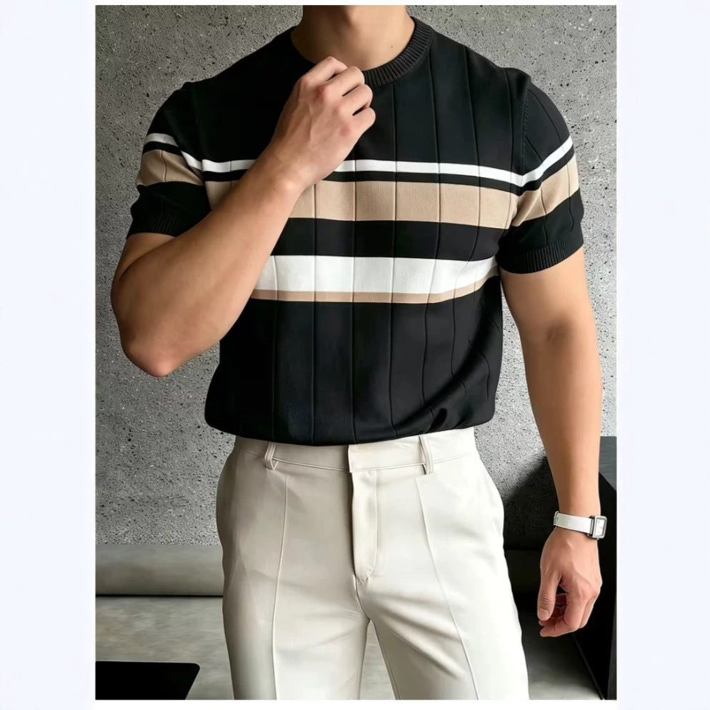 Couleur-Block rayés hommes tricoté manches courtes supérieur casual