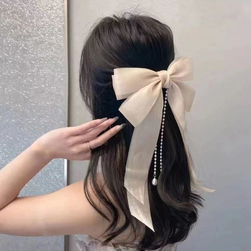 Ethereal Bow Pearl Tassel Clip Cheveux Femmes Ribbon Updo Élégant ressort Clip Cheveux Accessoire