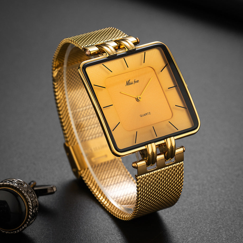 Classic Minimalist Square en acier inoxydable Mesh Band Montre Quartz