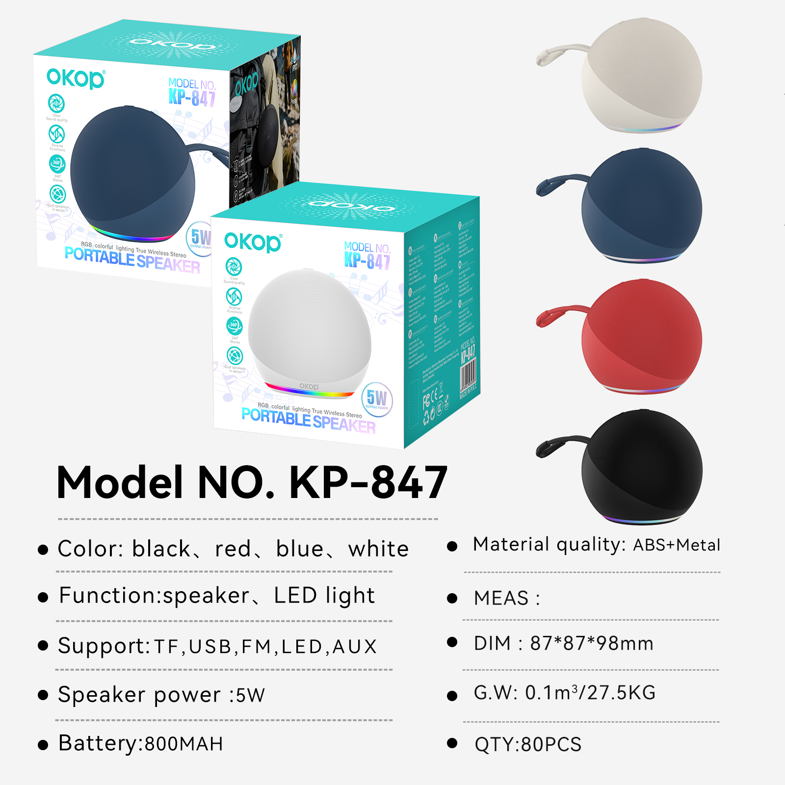 KP-847 Haut-parleur Bluetooth portable avec RGB lumière ambiante usine directe Stock prêt Featur