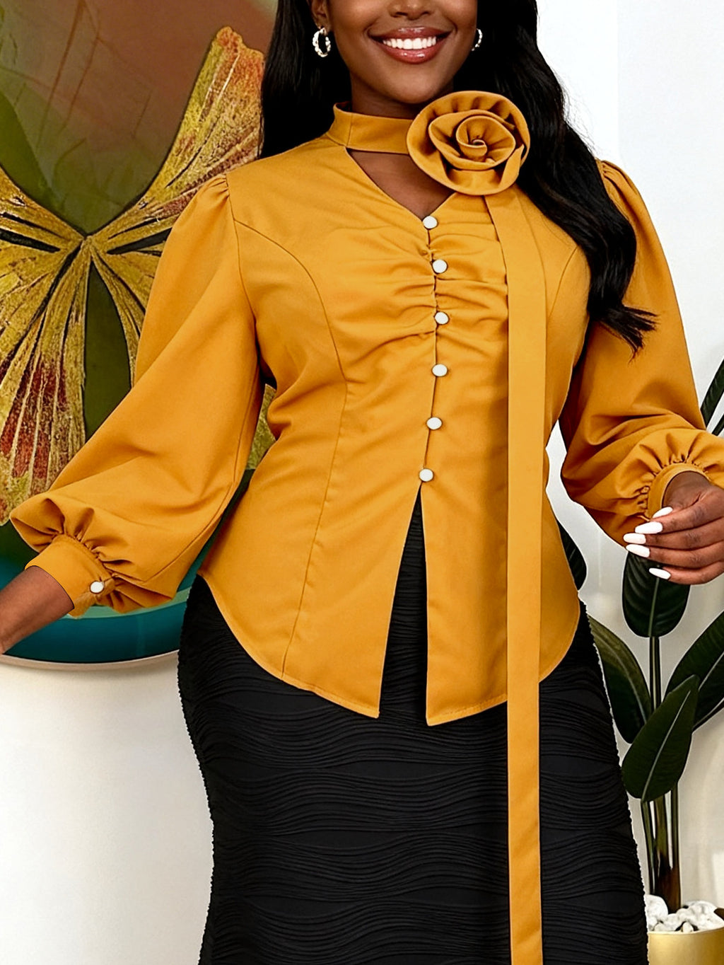 Fashionable Bubble-sleeve Waist-defined Ginger-jaune Deux pièces Top Set