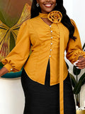 Fashionable Bubble-sleeve Waist-defined Ginger-jaune Deux pièces Top Set