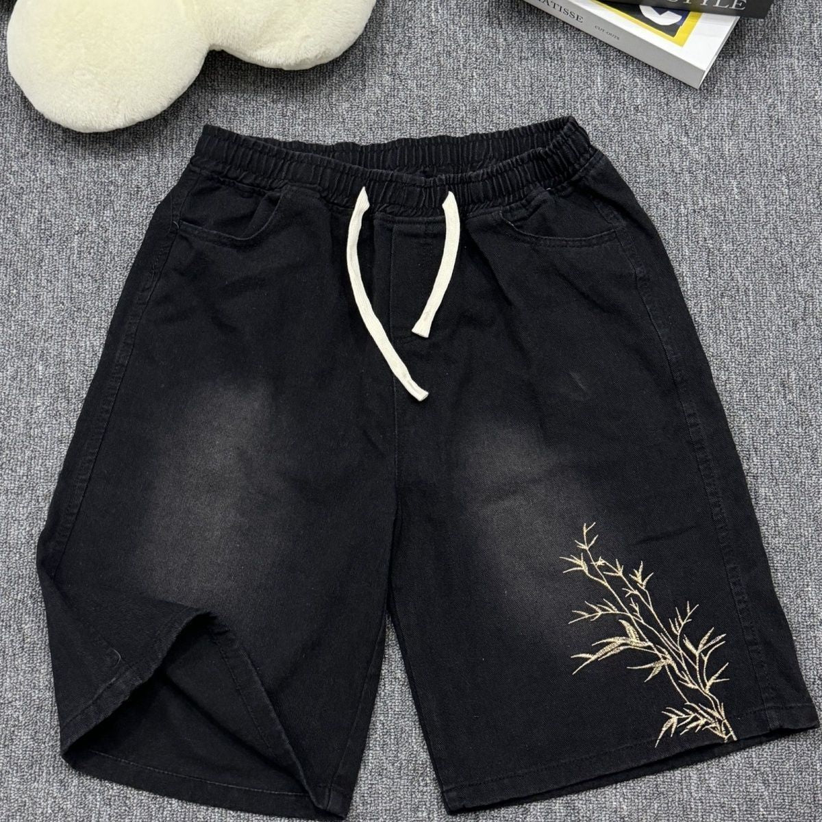 Short en denim brodé homme Large-leg Longueur de cinq points