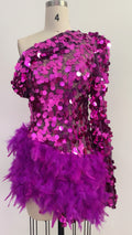 Jupe pourpre à plumes pailletées à une épaule Manche courte Robe de luxe Party Stage Performan