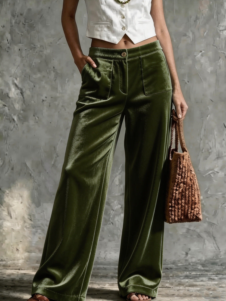 Pantalon casual avec poches pour femmes Velvet lisse de couleur unie