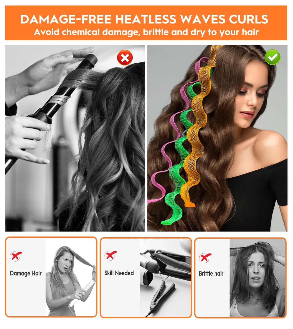 Heatless Hair Curlers Wave Curls Styling Kit for Women Girls on Hair Care - 30 Pcs - 6 Col