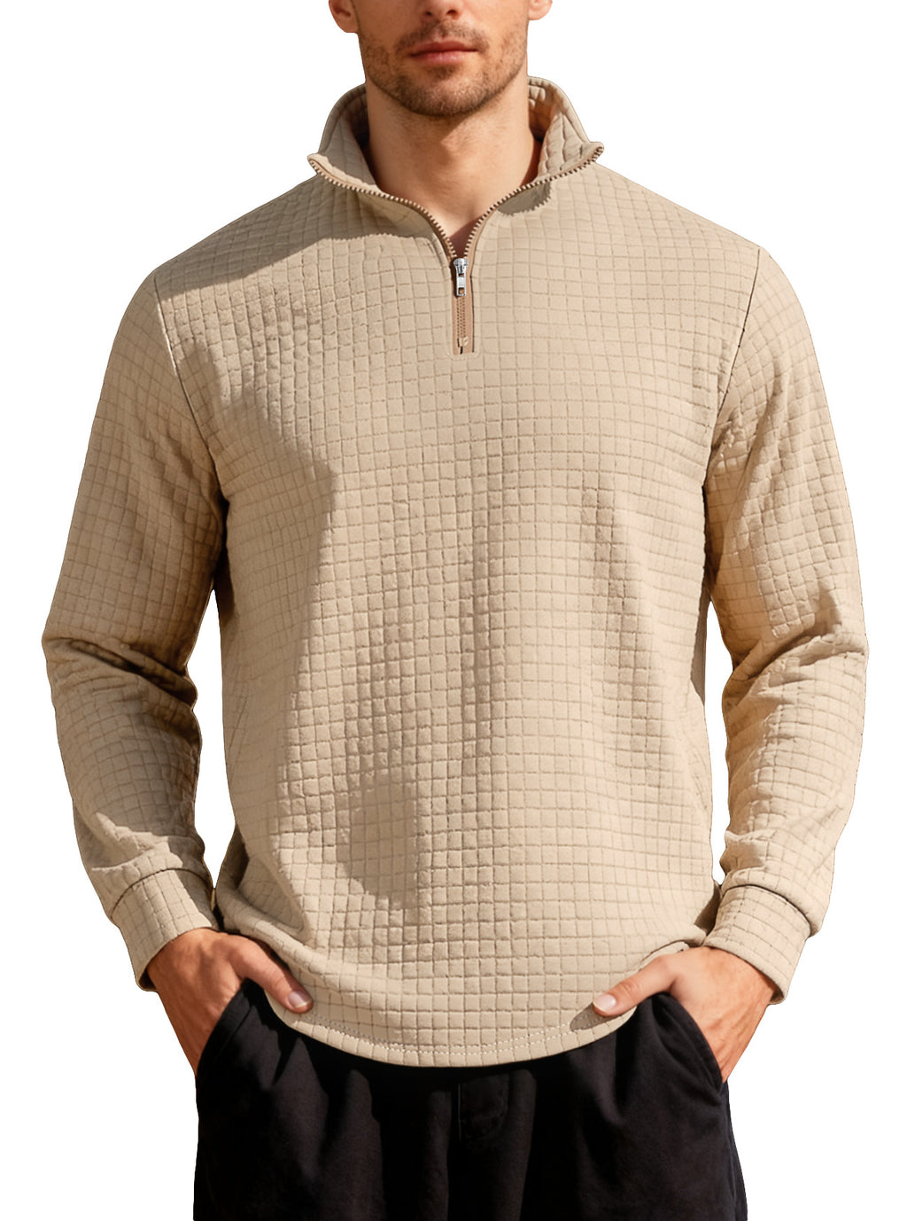Homme d'affaires casual Loose-fit Jacquard Col d'équipage demi-zip Hoodie avec petite patte carrée