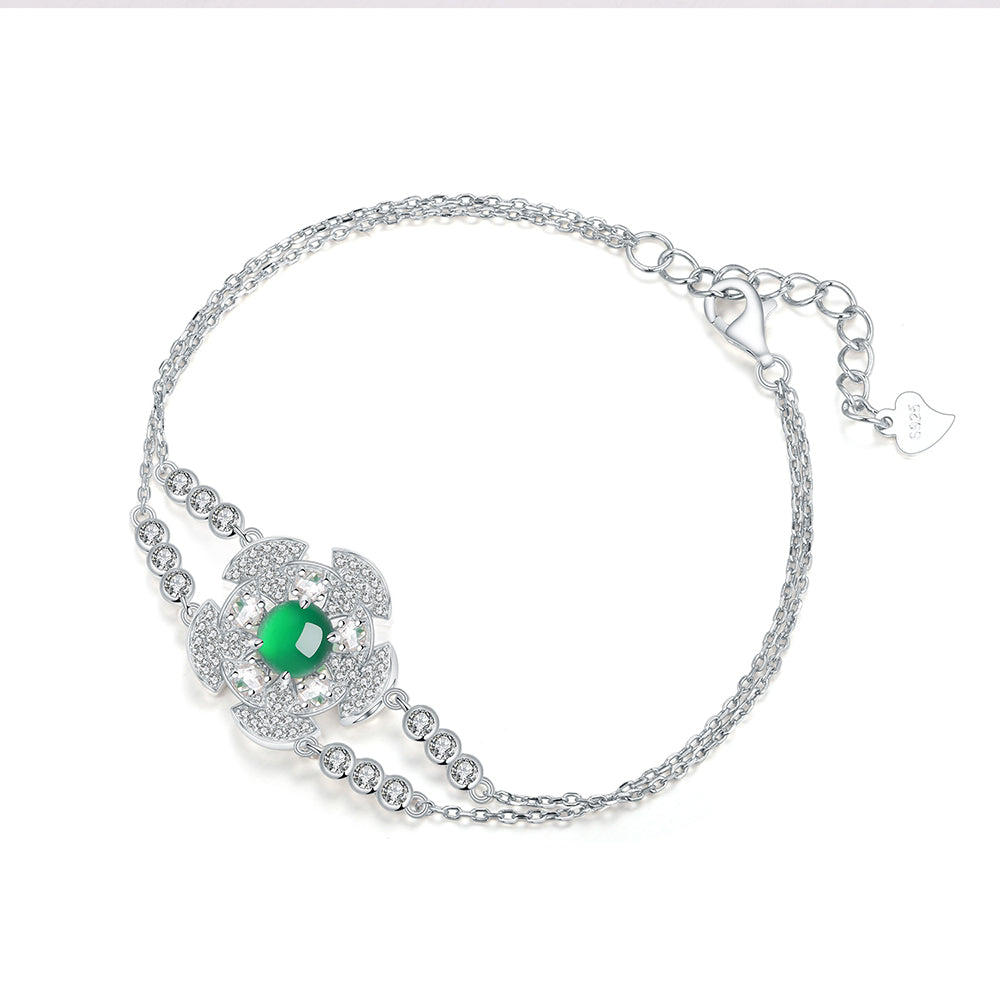 S925 Bracelet Argent Sterling Platinum plaqué 6mm vert rond Chrysoprase Double chaîne Fas