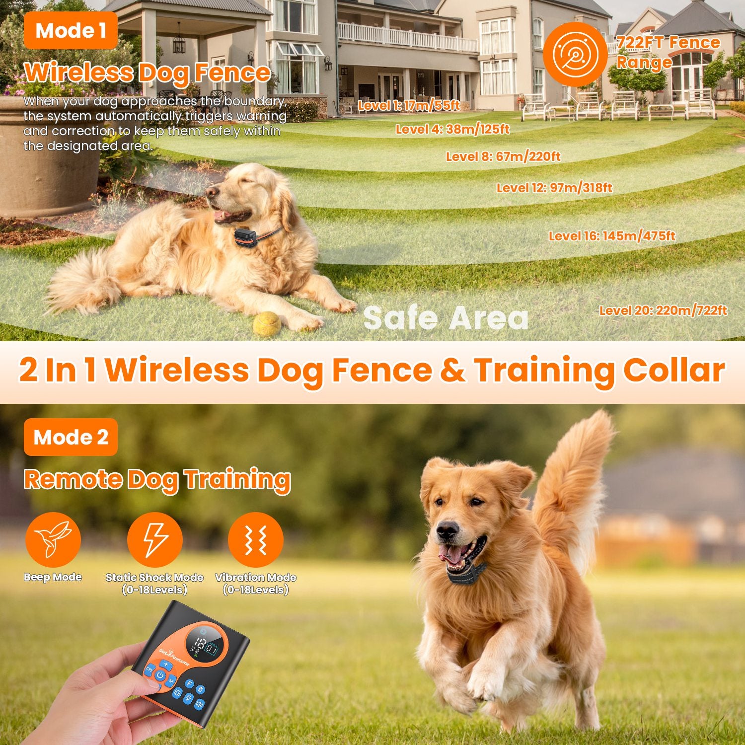 2 en 1 sans fil système de clôture de chien avec collier d'entraînement Invisible de clôture de chien IP68 étanche