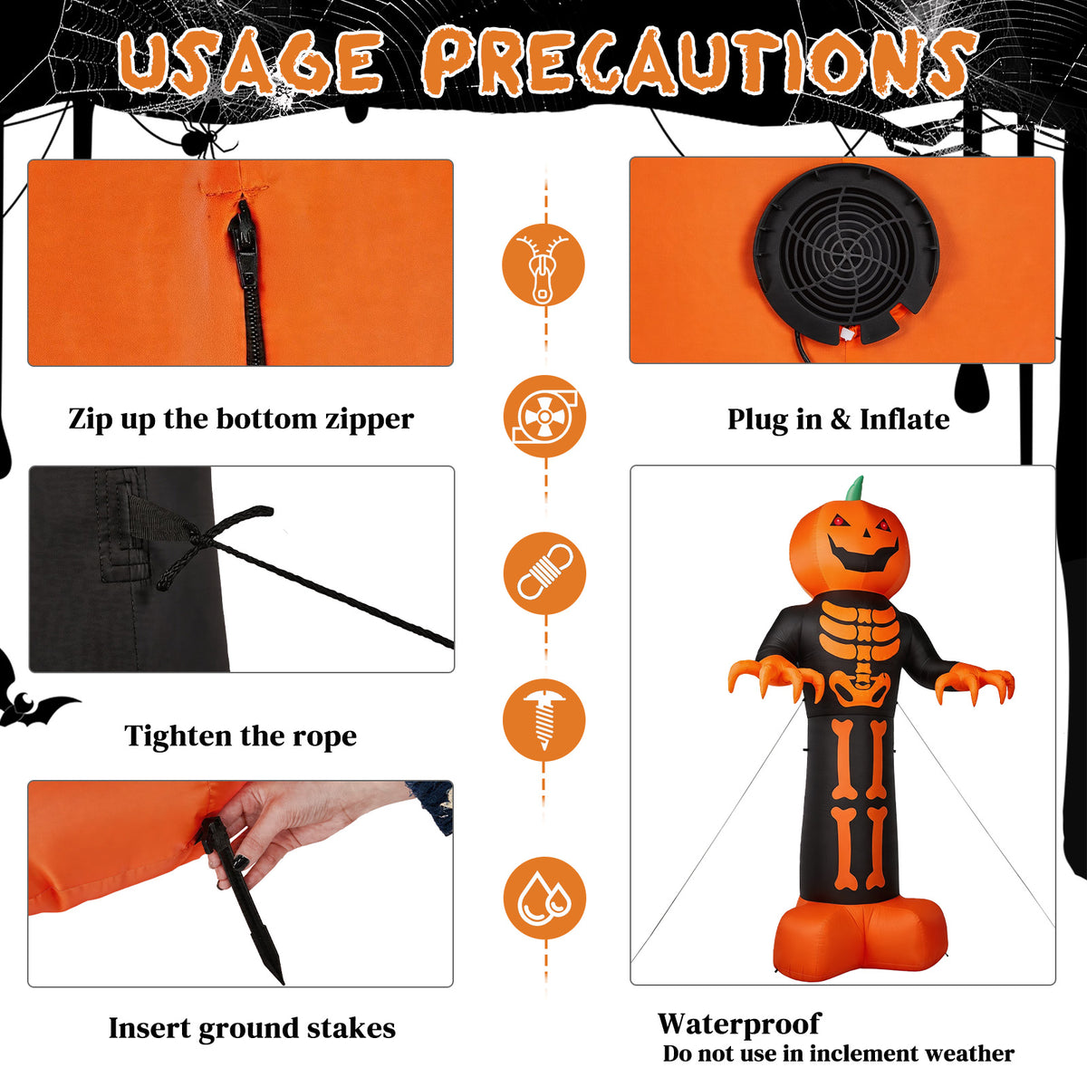12ft Décor gonflable d'Halloween avec côtes de squelette
