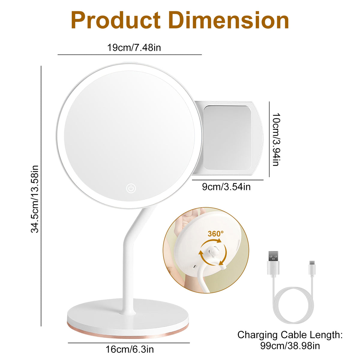 1Pc 7.48En 5X miroir de maquillage lumineux grossissant miroir d'agrandissement variable avec lumières L
