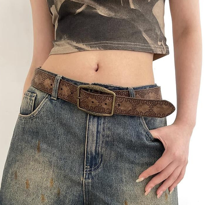 Ceinture en cuir embossée vintage de style américain avec boucle en bronze