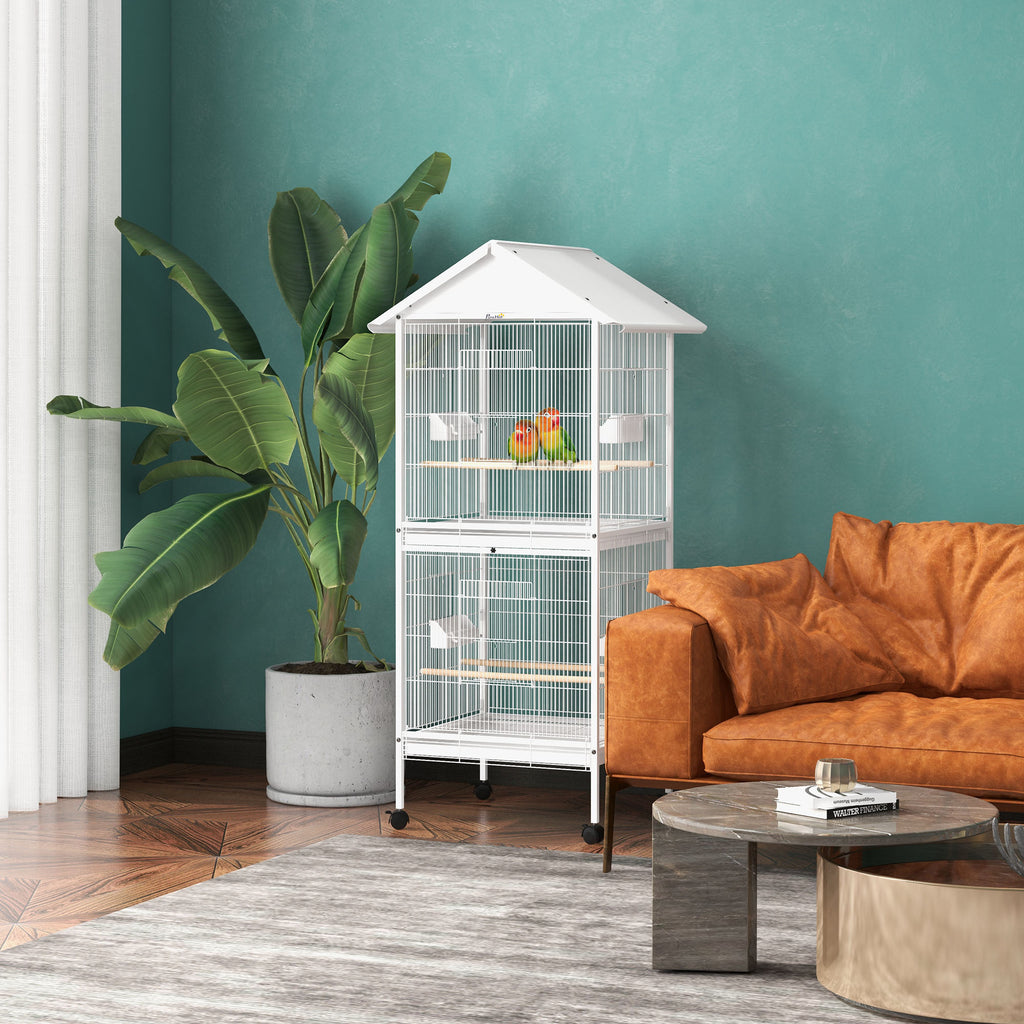 Fermoir de cage d'oiseau en métal brut avec perches de support roulant Conteneurs alimentaires Portes Roues 67"