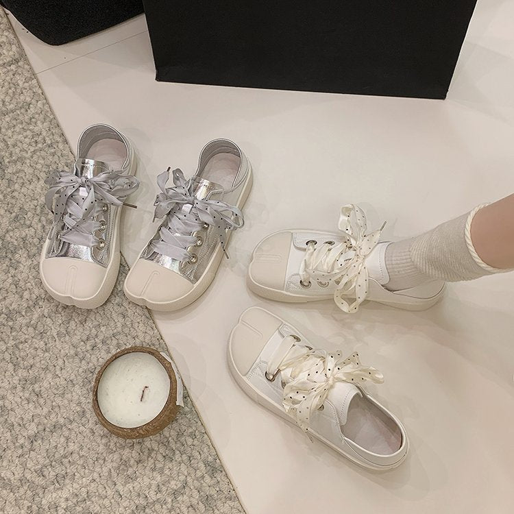Les femmes Split orteil sans dos Mule Sneakers Polka Dot Ribbon Bow Dentelle Faux Cuir Bas haut