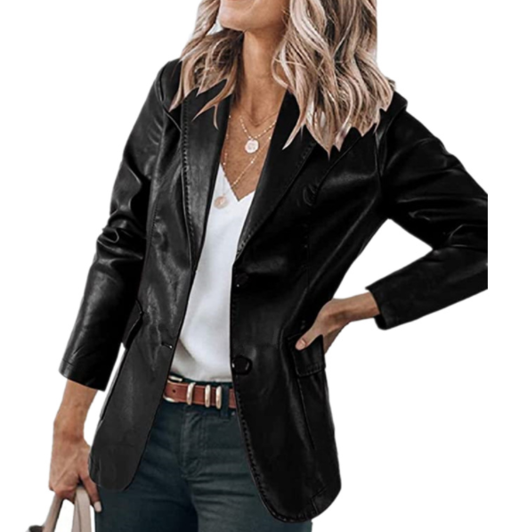 Lapel Single Breasted Solid Color PU Cuir Manteau Femme