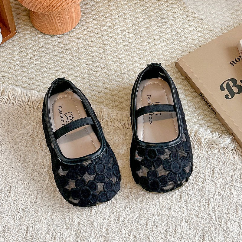 Girls' Mesh Flower Sandals Solid Color Transparent Mesh Princess Shoes