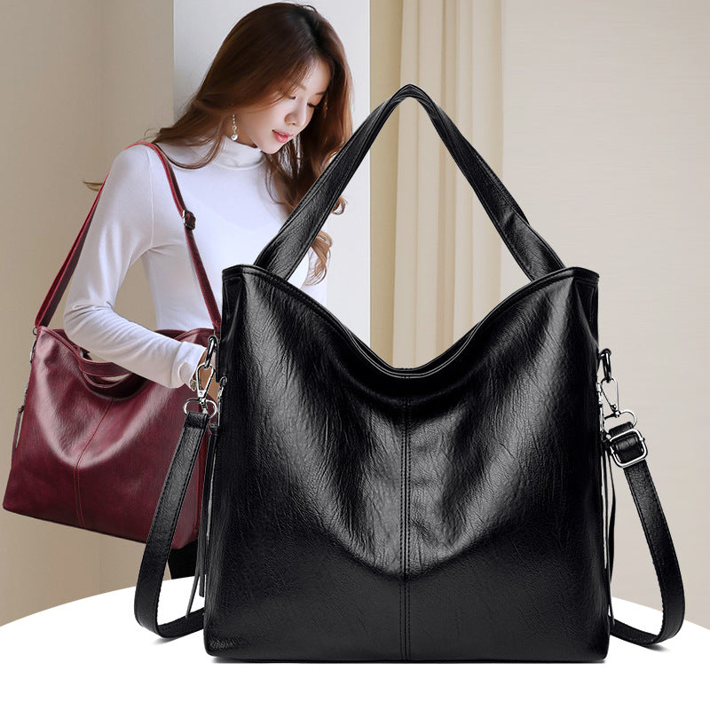Sac à bandoulière en cuir souple de grande capacité pour femmes de couleur solide