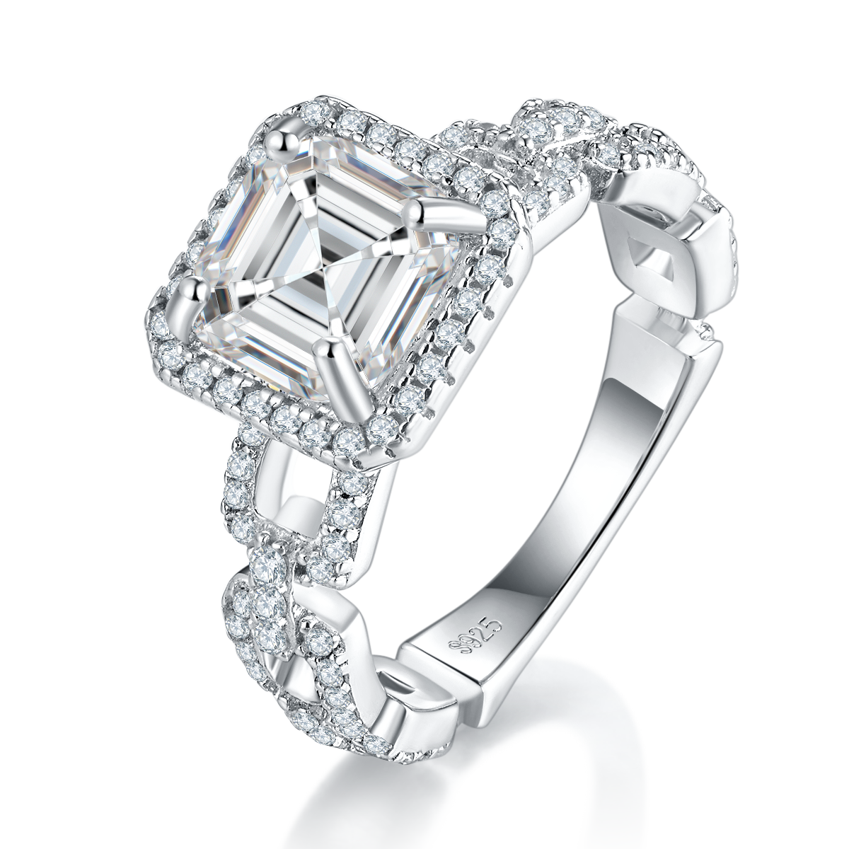 S925 Sterling Silver 2.5ct Asscher Cut Moissanite Ring, D-VVS1 Halo Chain Band, Platinum Plated US Sizes 5-9 GRA Gift Box