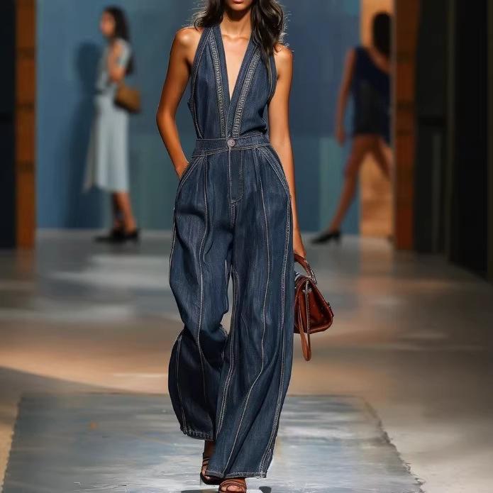 Ensemble de saut en denim sans manches pour femmes Casual Retro