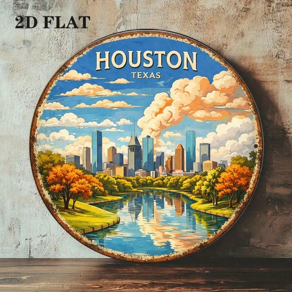 8x8in Houston Texas Cityscape Vintage rond panneau de décoration murale