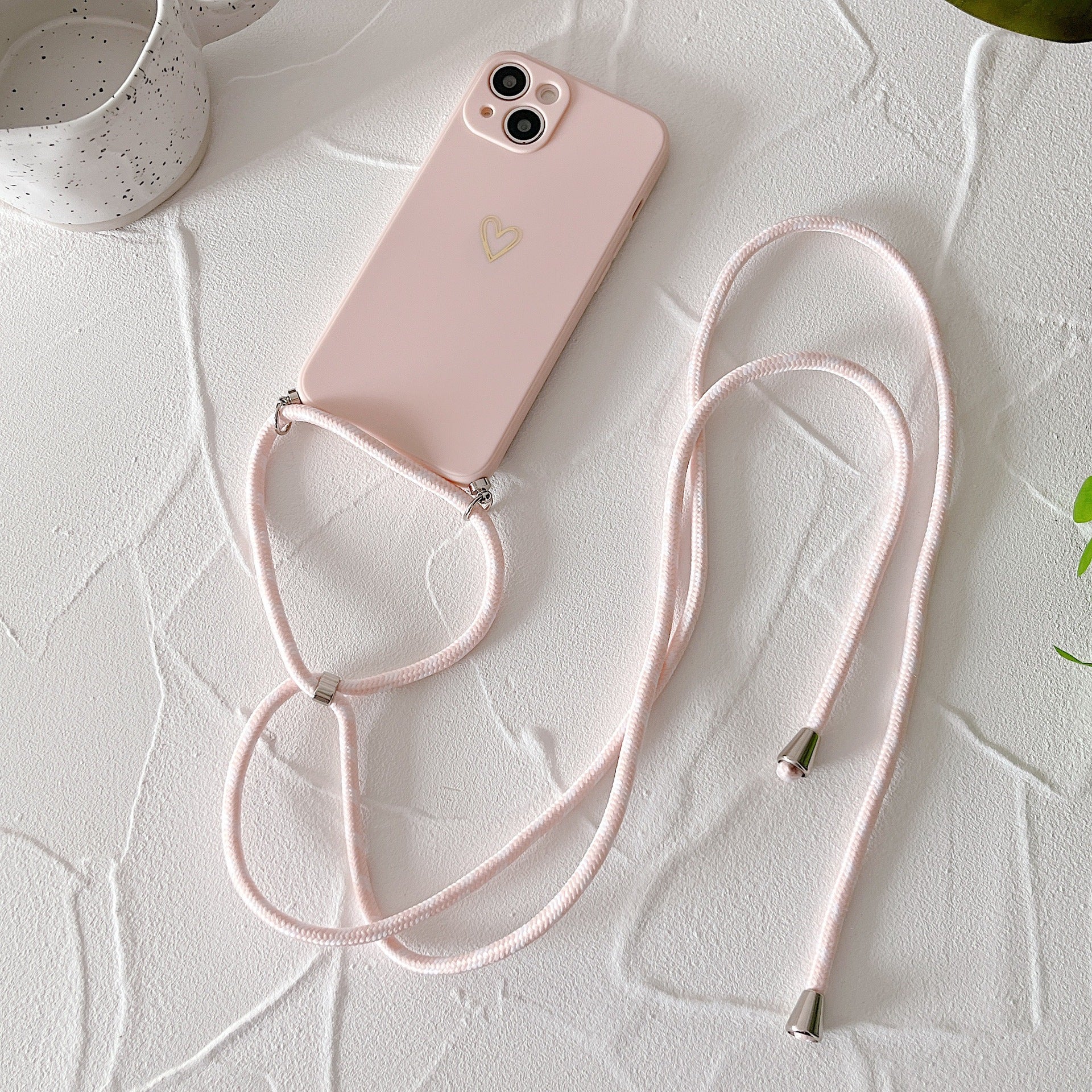 Étui téléphonique de lanyard de petit coeur doré