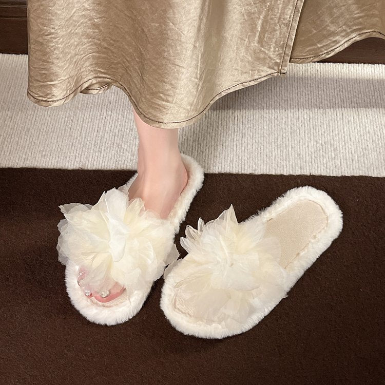 Femmes Automne Hiver Maison Pantoufles à fourrure Florale