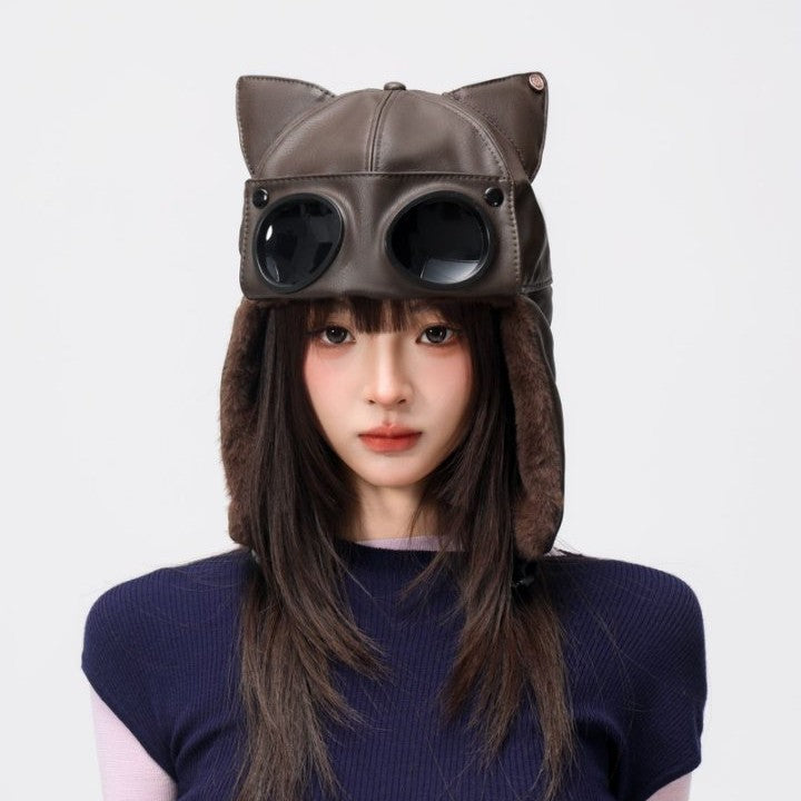 Femmes mignon Cat-ear Retro cuir Lei Feng Cap