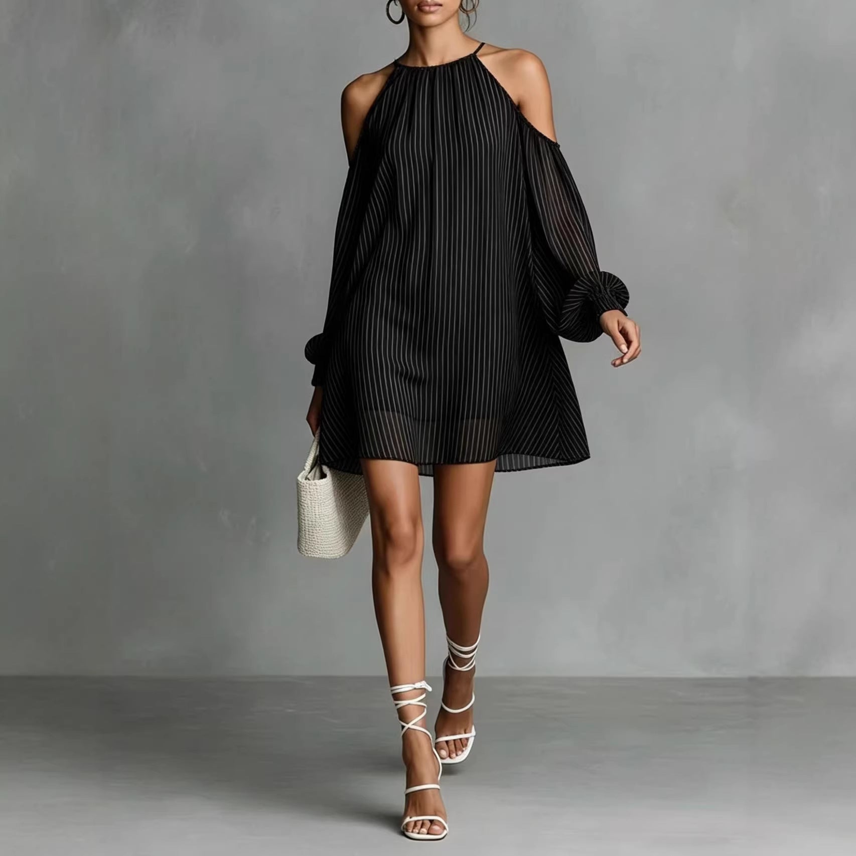 Robe courte à manches longues rayée pour femmes