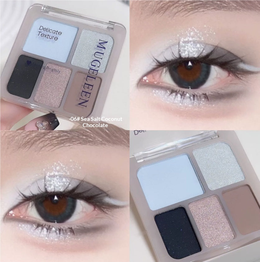 Five-color eyeshadow palette with earthy shimmer tones and matte accent shades