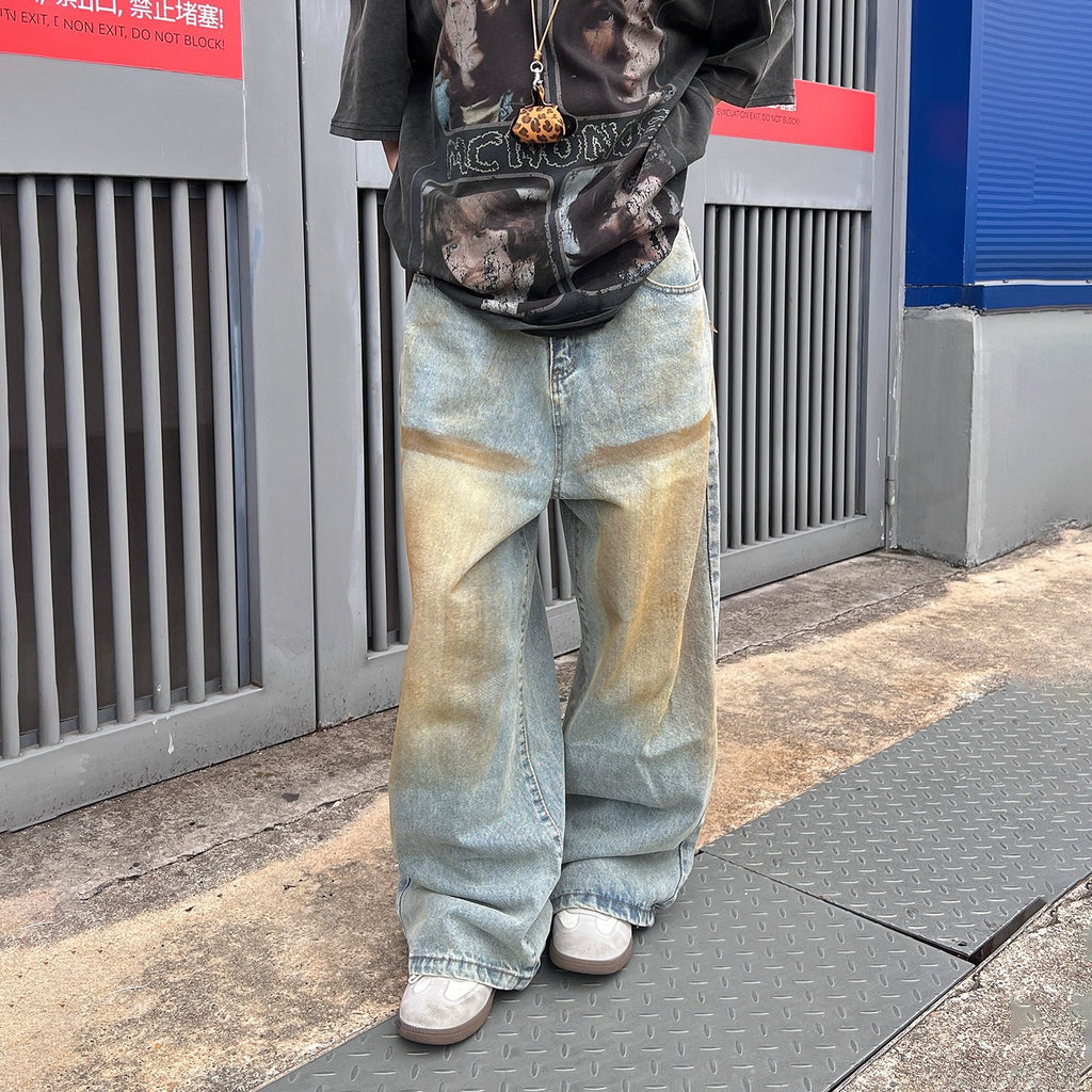 Rétro Jeans Denim à larges jambes teints jaune