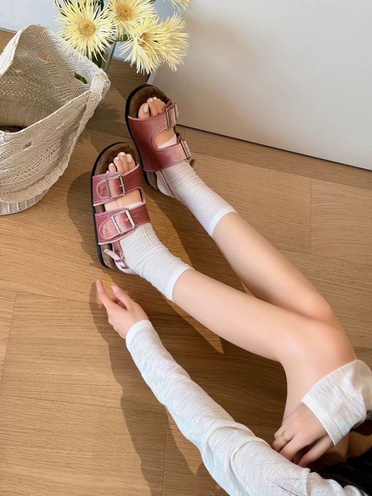 Femmes Round Toe Velvet Double Strap Lazy Platform Birken Sandals Sli
